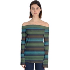 Stripes Teal Yellow Brown Grey Off Shoulder Long Sleeve Top by BrightVibesDesign