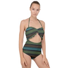 Stripes Teal Yellow Brown Grey Scallop Top Cut Out Swimsuit by BrightVibesDesign