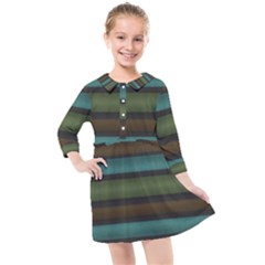 Stripes Teal Yellow Brown Grey Kids  Quarter Sleeve Shirt Dress by BrightVibesDesign