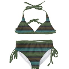 Stripes Teal Yellow Brown Grey Kids  Classic Bikini Set by BrightVibesDesign