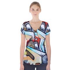 Blue Face King Graffiti Street Art Urban Blue And Orange Face Abstract Hiphop Short Sleeve Front Detail Top by genx