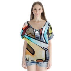 Blue Face King Graffiti Street Art Urban Blue And Orange Face Abstract Hiphop V-neck Flutter Sleeve Top by genx