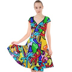 Graffiti Abstract With Colorful Tubes And Biology Artery Theme Cap Sleeve Front Wrap Midi Dress by genx