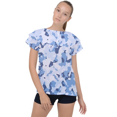 Standard Light Blue Camouflage Army Military Ruffle Collar Chiffon Blouse by snek