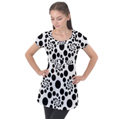 Dot Dots Round Black And White Puff Sleeve Tunic Top by Pakrebo
