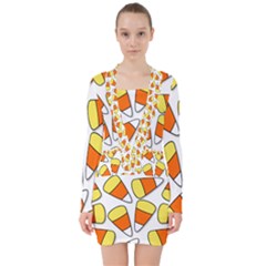 Candy Corn Halloween Candy Candies V-neck Bodycon Long Sleeve Dress