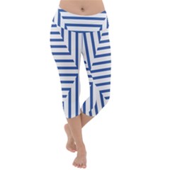 Geometric Shapes Stripes Blue Lightweight Velour Capri Yoga Leggings