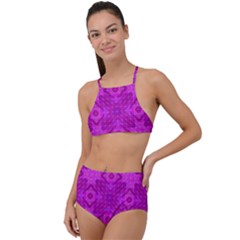 Magenta Mosaic Pattern Triangle High Waist Tankini Set