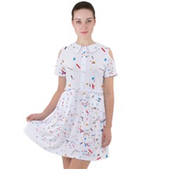 Ribbon Polka Short Sleeve Shoulder Cut Out Dress 