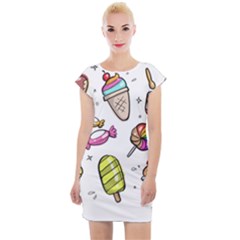 Doodle Cartoon Drawn Cone Food Cap Sleeve Bodycon Dress