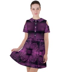 Fractal Magenta Pattern Geometry Short Sleeve Shoulder Cut Out Dress 