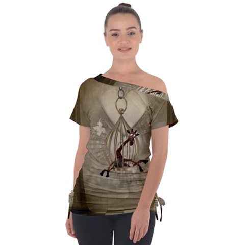 Funny Giraffe With Herats And Butterflies Tie-up Tee by FantasyWorld7