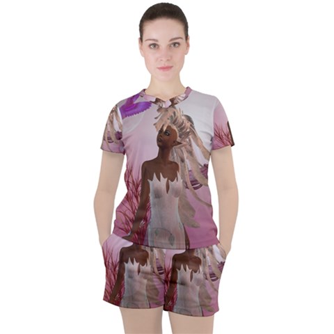 Wonderful Fairy With Feather Hair Women s Tee And Shorts Set by FantasyWorld7