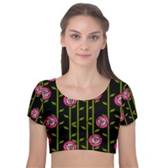 Rose Abstract Rose Garden Velvet Short Sleeve Crop Top 