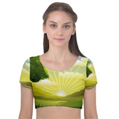 Wallpaper Background Landscape Velvet Short Sleeve Crop Top 