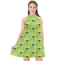 Texture Green Plant Leaves Arches Halter Neckline Chiffon Dress 