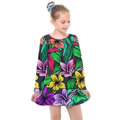 Hibiscus Flower Plant Tropical Kids  Long Sleeve Dress by Pakrebo