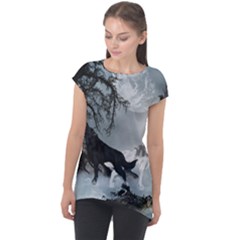 Awesome Black And White Wolf In The Dark Night Cap Sleeve High Low Top by FantasyWorld7