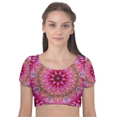 Flower Mandala Art Pink Abstract Velvet Short Sleeve Crop Top 