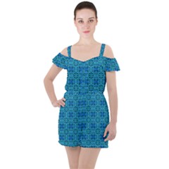 Background Image Tile Pattern Blue Ruffle Cut Out Chiffon Playsuit