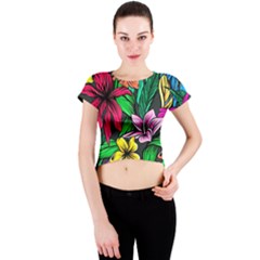 Neon Hibiscus Crew Neck Crop Top by retrotoomoderndesigns