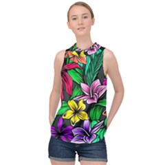 Neon Hibiscus High Neck Satin Top by retrotoomoderndesigns