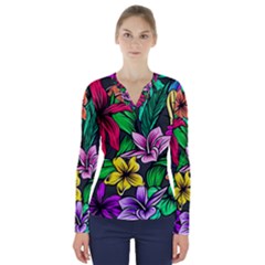 Neon Hibiscus V-neck Long Sleeve Top by retrotoomoderndesigns