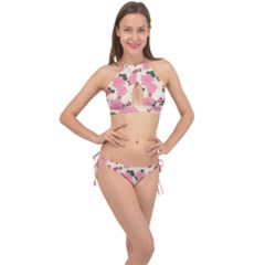 Floral Vintage Flowers Wallpaper Cross Front Halter Bikini Set