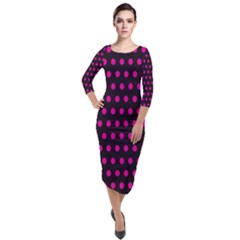 Pink Black Polka Dots Quarter Sleeve Midi Velour Bodycon Dress