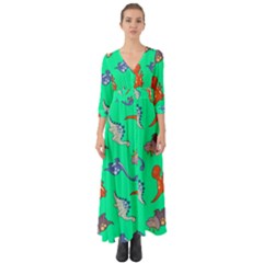 Dinosaurs - Aqua Green Button Up Boho Maxi Dress by WensdaiAmbrose