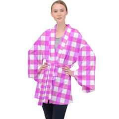 Gingham Duo Fuschia On Pink Velvet Kimono Robe by retrotoomoderndesigns