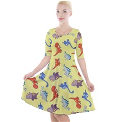 Dinosaurs - Yellow Finch Quarter Sleeve A-line Dress by WensdaiAmbrose