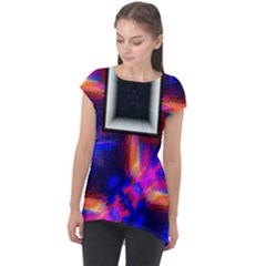 Box Abstract Frame Square Cap Sleeve High Low Top