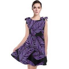 Tropical Leaves Purple Tie Up Tunic Dress