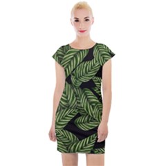 Tropical Leaves On Black Cap Sleeve Bodycon Dress