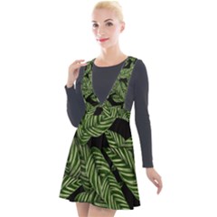 Tropical Leaves On Black Plunge Pinafore Velour Dress