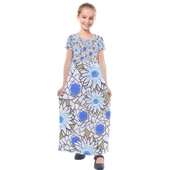 Vintage White Blue Flowers Kids  Short Sleeve Maxi Dress