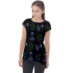 Gothic Girl Rose Black Pattern Cap Sleeve High Low Top