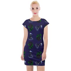 Gothic Girl Rose Blue Pattern Cap Sleeve Bodycon Dress