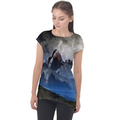 Mountains Moon Earth Space Cap Sleeve High Low Top