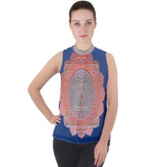 Boho Bliss Peach Metallic Mandala Mock Neck Chiffon Sleeveless Top by beautyskulls