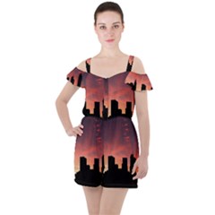 Skyline Panoramic City Architecture Ruffle Cut Out Chiffon Playsuit by Sudhe