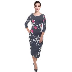 Black And White Floral Pattern Background Quarter Sleeve Midi Velour Bodycon Dress