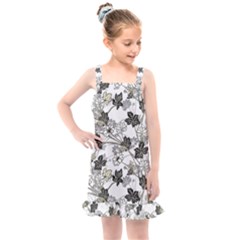 Black And White Floral Pattern Background Kids  Overall Dress