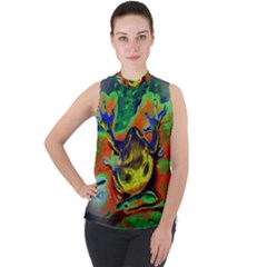 Abstract Transparent Background Mock Neck Chiffon Sleeveless Top