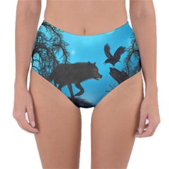 Awesome Black Wolf With Crow And Spider Reversible High-waist Bikini Bottoms