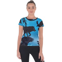 Awesome Black Wolf With Crow And Spider Short Sleeve Sports Top  by FantasyWorld7