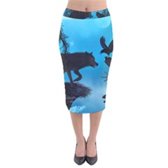 Awesome Black Wolf With Crow And Spider Velvet Midi Pencil Skirt by FantasyWorld7