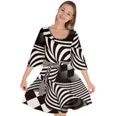 Op Art Black White Drawing Velour Kimono Dress