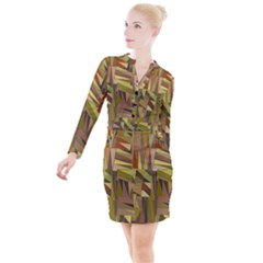 Earth Tones Geometric Shapes Unique Button Long Sleeve Dress